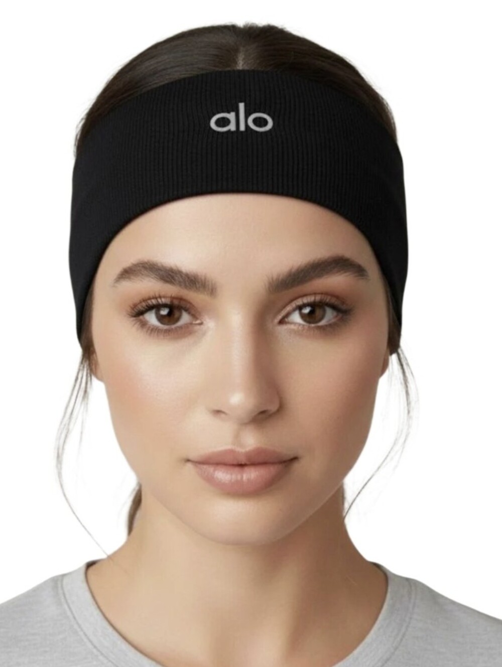alo Black Wide Ribbed Headband with Logo